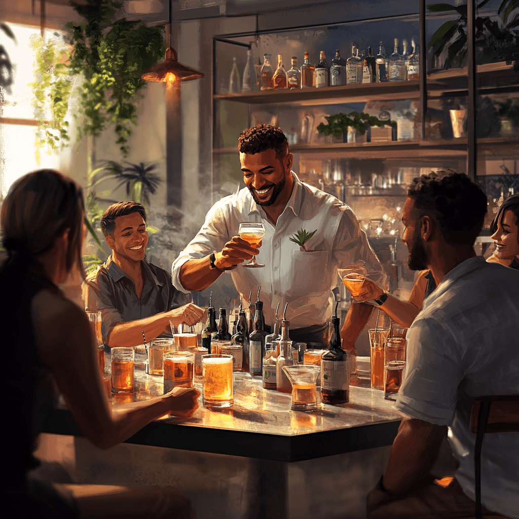 Un atelier de création de cocktails avec des participant souriant, mélangeant des ingrédients et suivant les instructions du barman.