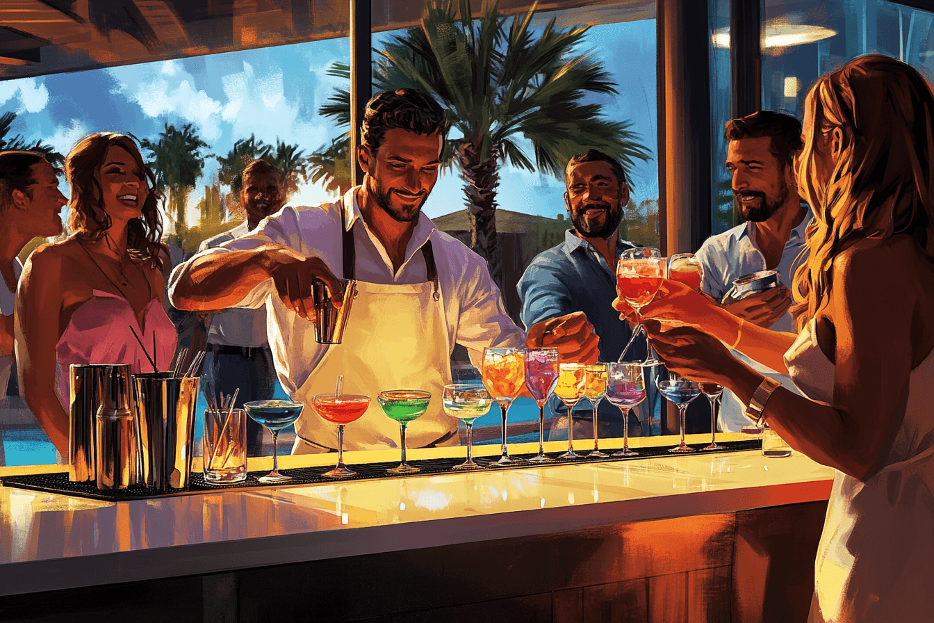 Un barman préparant des cocktails sophistiqués chez un particulier, avec divers ingrédients et bouteilles en arrière-plan